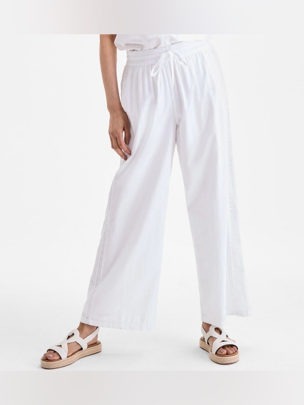 Style & Co Women's Cotton Eyelet Trim Wide-Leg Bright White Pants Size L NWT
